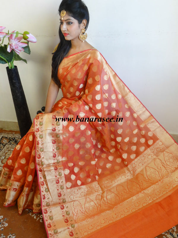 Banarasee Handloom Cotton Silk Mix Saree with Zari Paithani Border-Orange