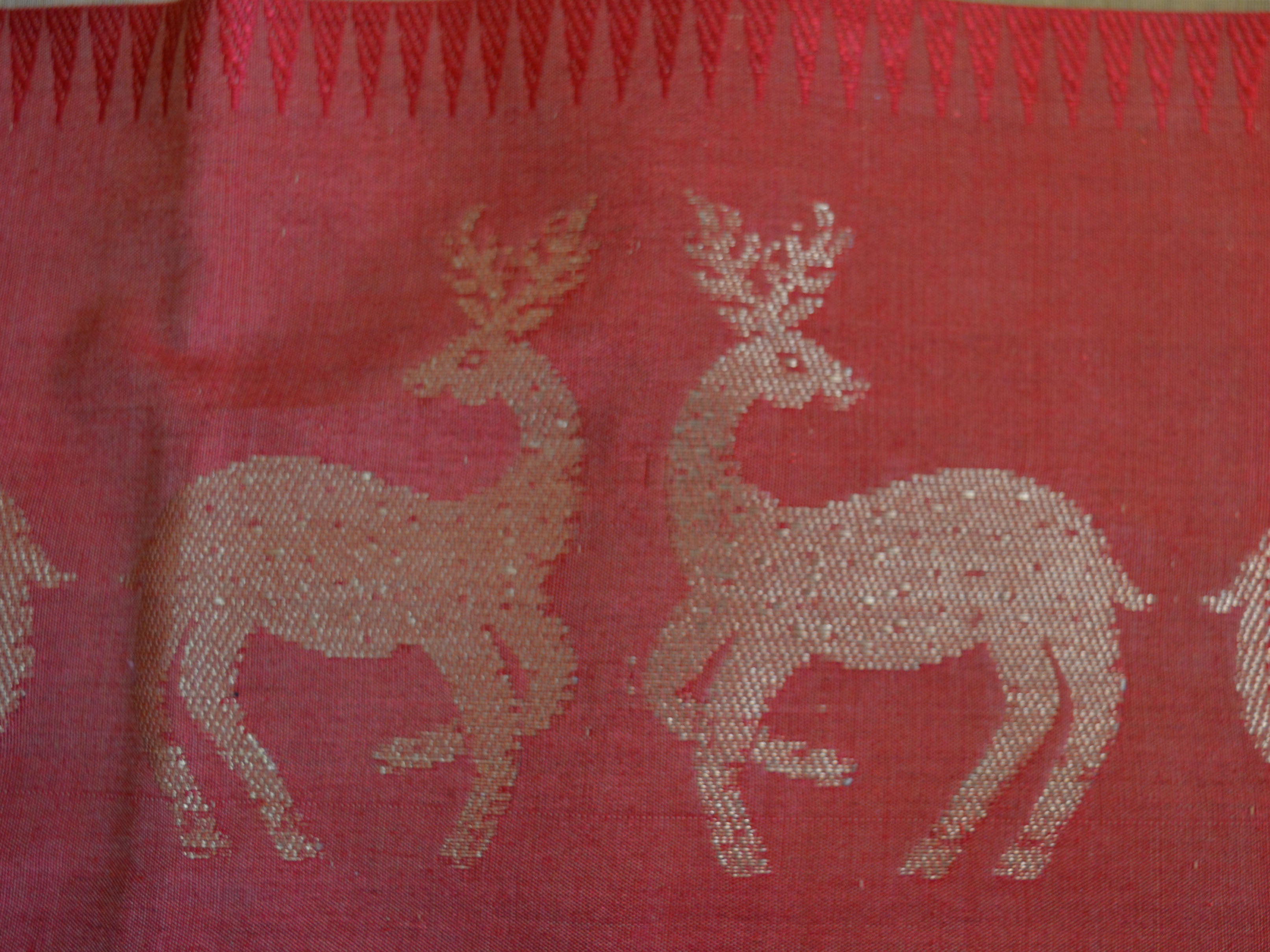 Banarasee Soft Cotton Saree With Zari Deer Motifs On Contrast Red Border-Beige