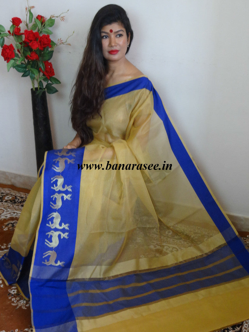 Banarasee Soft Cotton Saree With Zari Deer Motifs On Contrast Blue Border-Beige