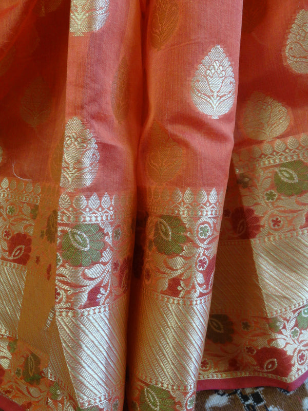 Banarasee Handloom Cotton Silk Mix Saree with Zari Paithani Border-Orange