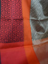 Banarasee Cotton Silk Brown Tanchoi Weave Saree With Contrast Woven Red Border-Black