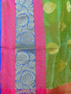 Banarasee Handloom Silk Cotton Saree With Zari Buti & Contrast Floral Border-Green