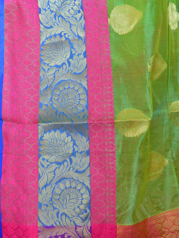 Banarasee Handloom Silk Cotton Saree With Zari Buti & Contrast Floral Border-Green