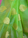 Banarasee Handloom Silk Cotton Saree With Zari Buti & Contrast Floral Border-Green