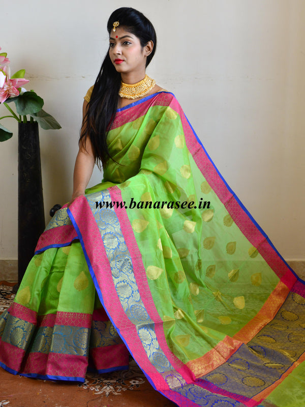 Banarasee Handloom Silk Cotton Saree With Zari Buti & Contrast Floral Border-Green