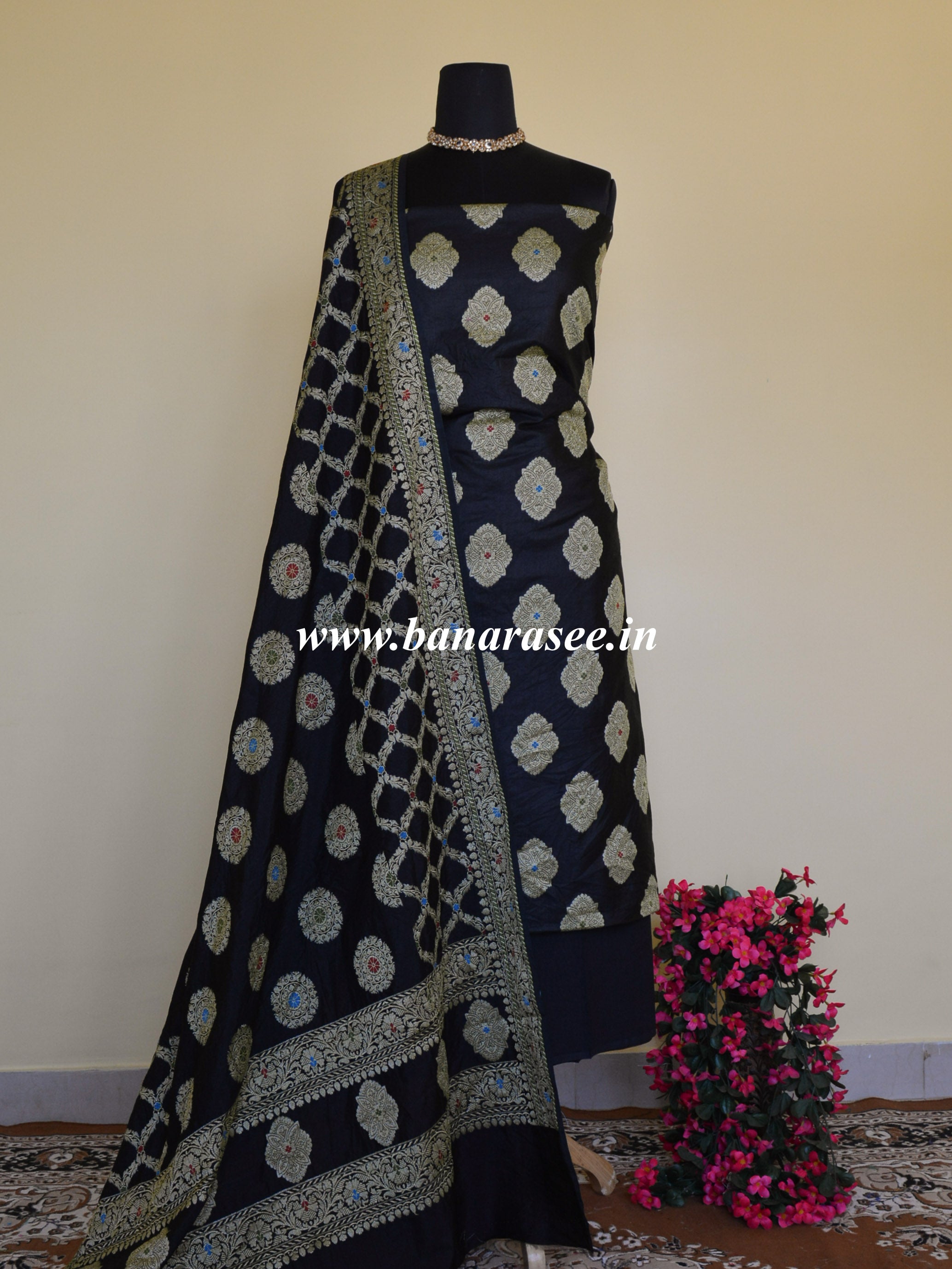 Banarasee Salwar Kameez Glossy Semi Silk Zari & Meena Buta Work Fabric-Black