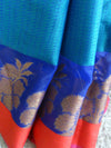Banarasee Cotton Silk Tanchoi Weave Saree With Contrast Woven Red Border-Blue
