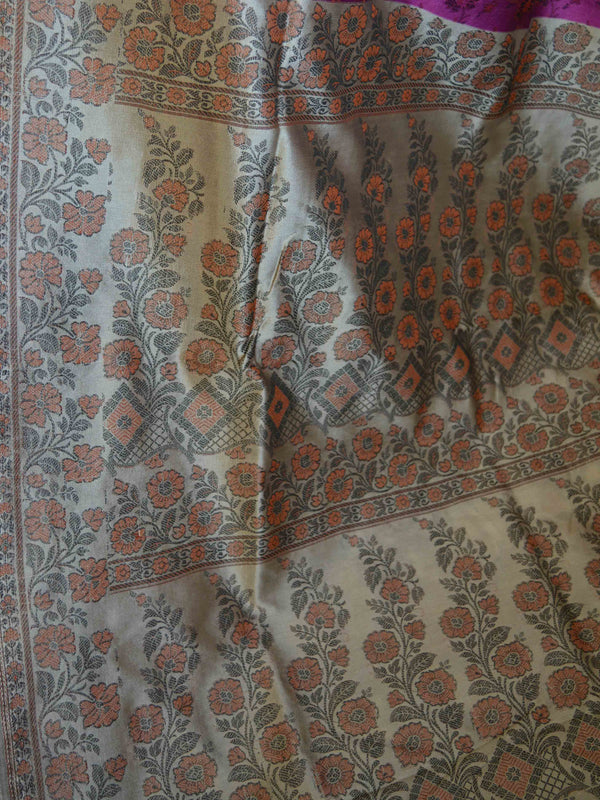 Banarasee Art Silk Saree With Floral Woven Design Contrast Beige Pallu-Magenta