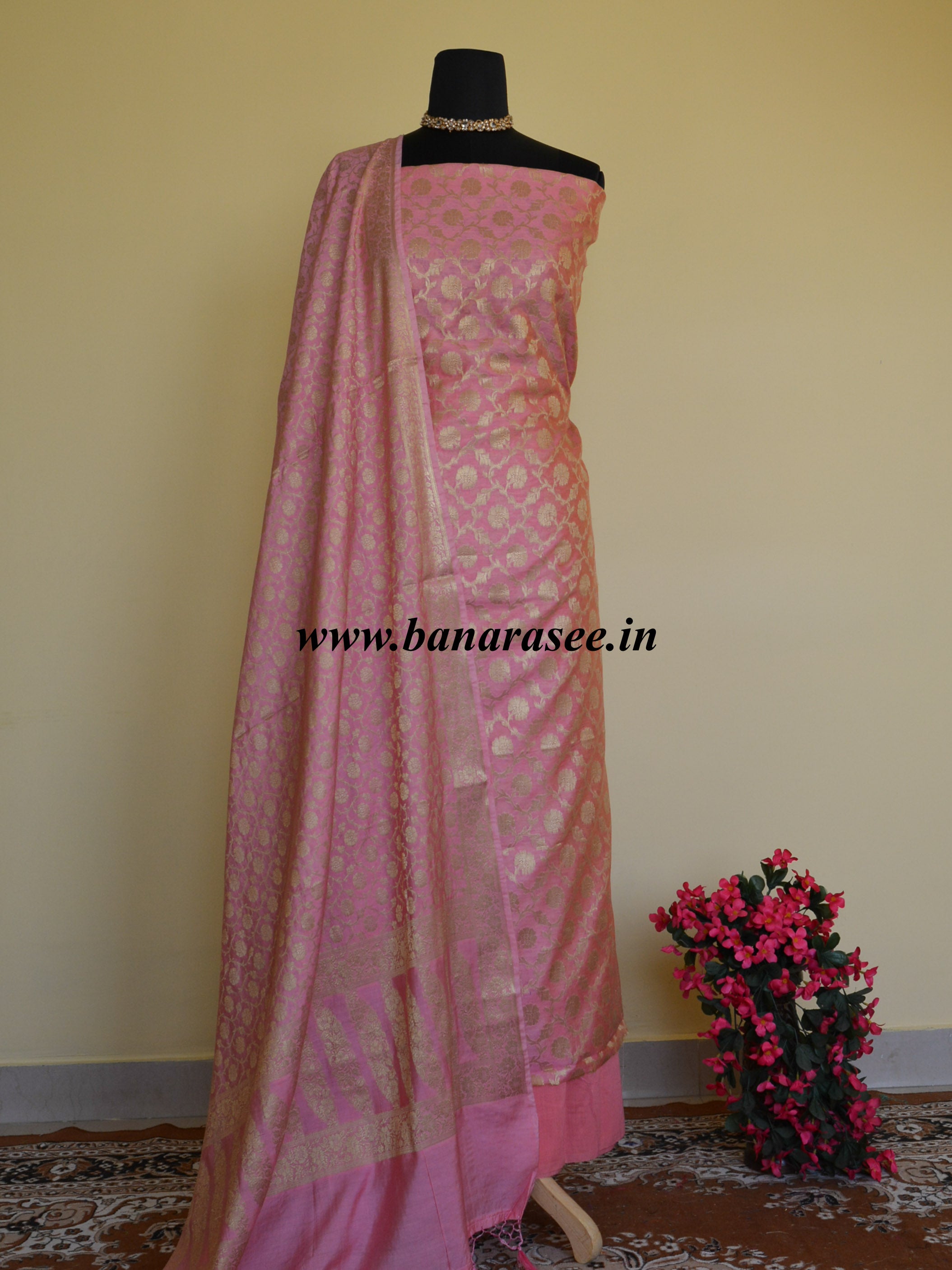 Banarasee Salwar Kameez Cotton Silk Gold Zari Jaal Woven Fabric-Peach