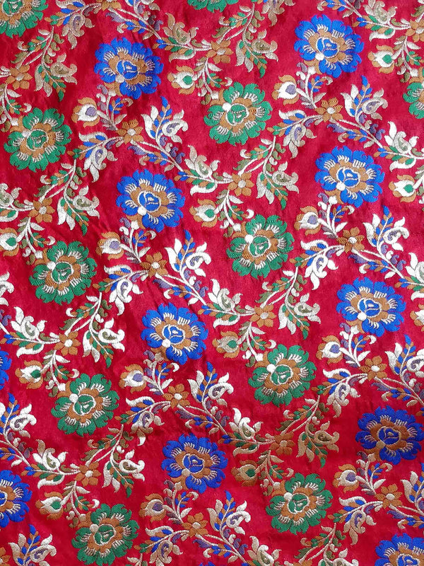 Banarasee Pure Kimkhwab Floral Jaal Semi Silk Fabric-Red