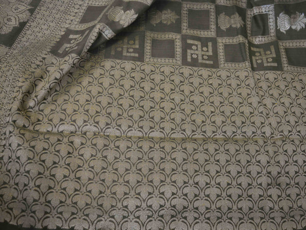 Banarasee Cotton Silk Zari Woven Swastik Design Saree-Olive Green