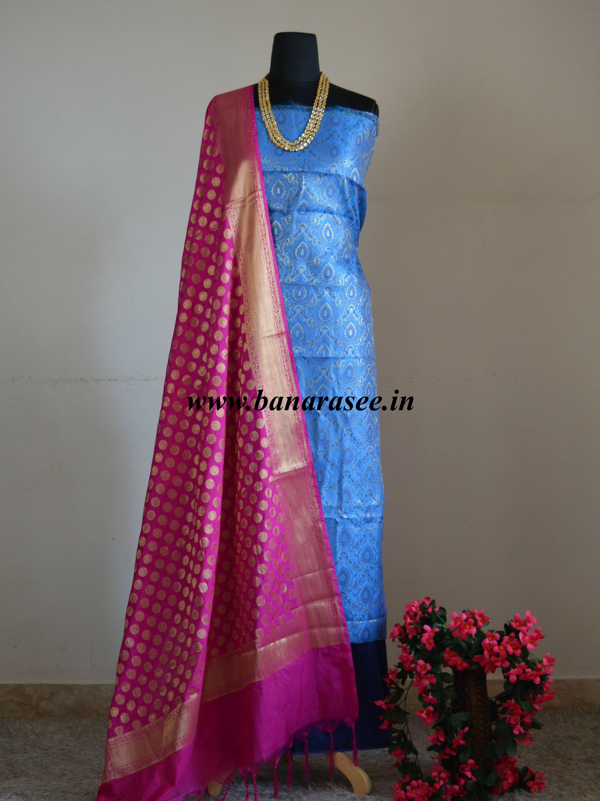 Banarasee Cotton Silk Floral Buti  Salwar Kameez Fabric With Contrast Art Silk Dupatta-Turquoise Blue