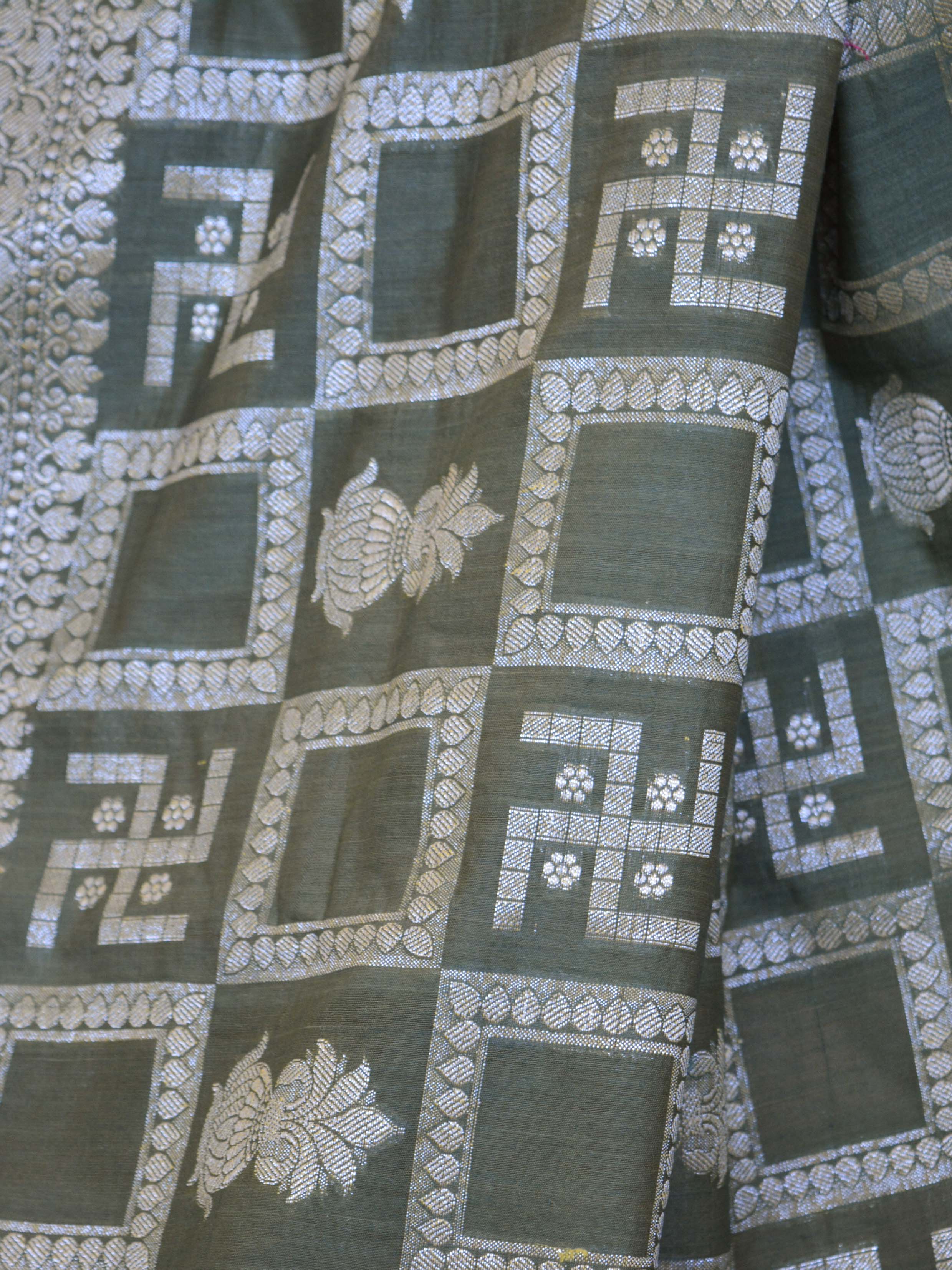Banarasee Cotton Silk Zari Woven Swastik Design Saree-Olive Green