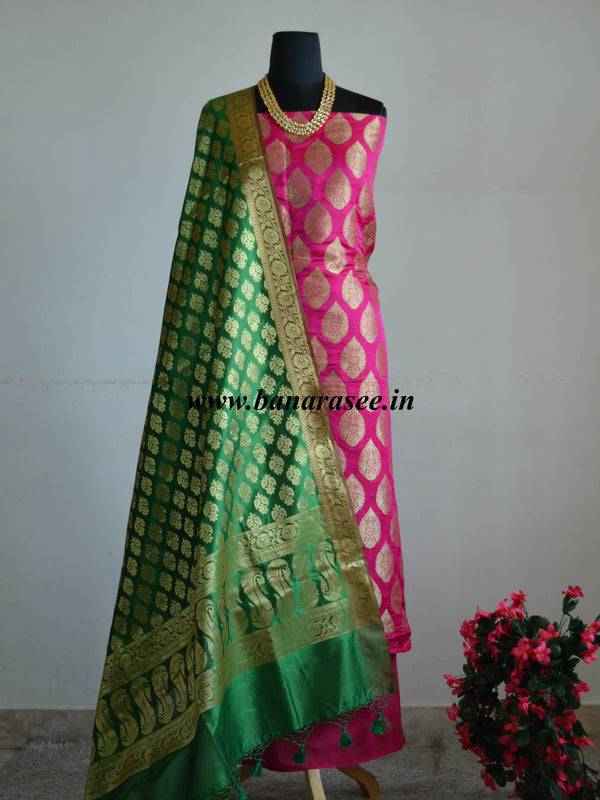 Banarasee Handwoven Satin Brocade Salwar Kameez Fabric & Green Art Silk Dupatta-Hot Pink