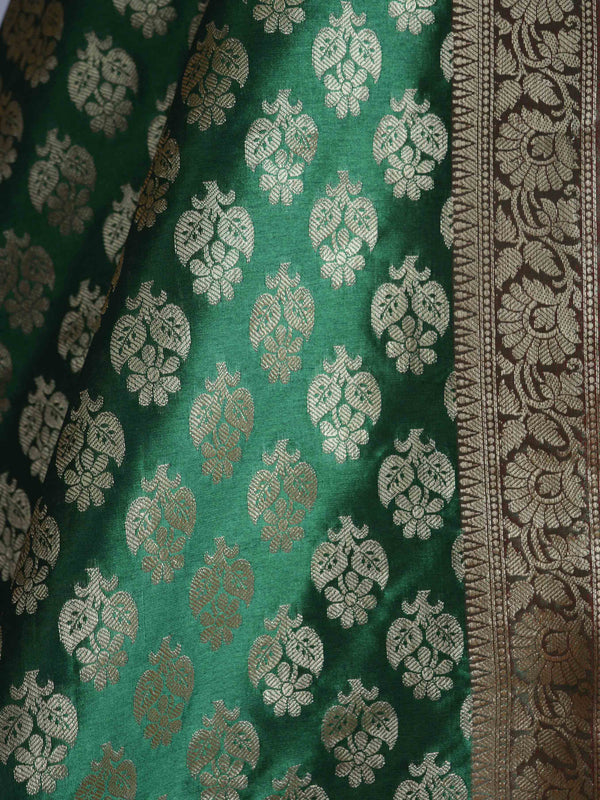 Banarasee Handwoven Satin Brocade Salwar Kameez Fabric & Green Art Silk Dupatta-Hot Pink