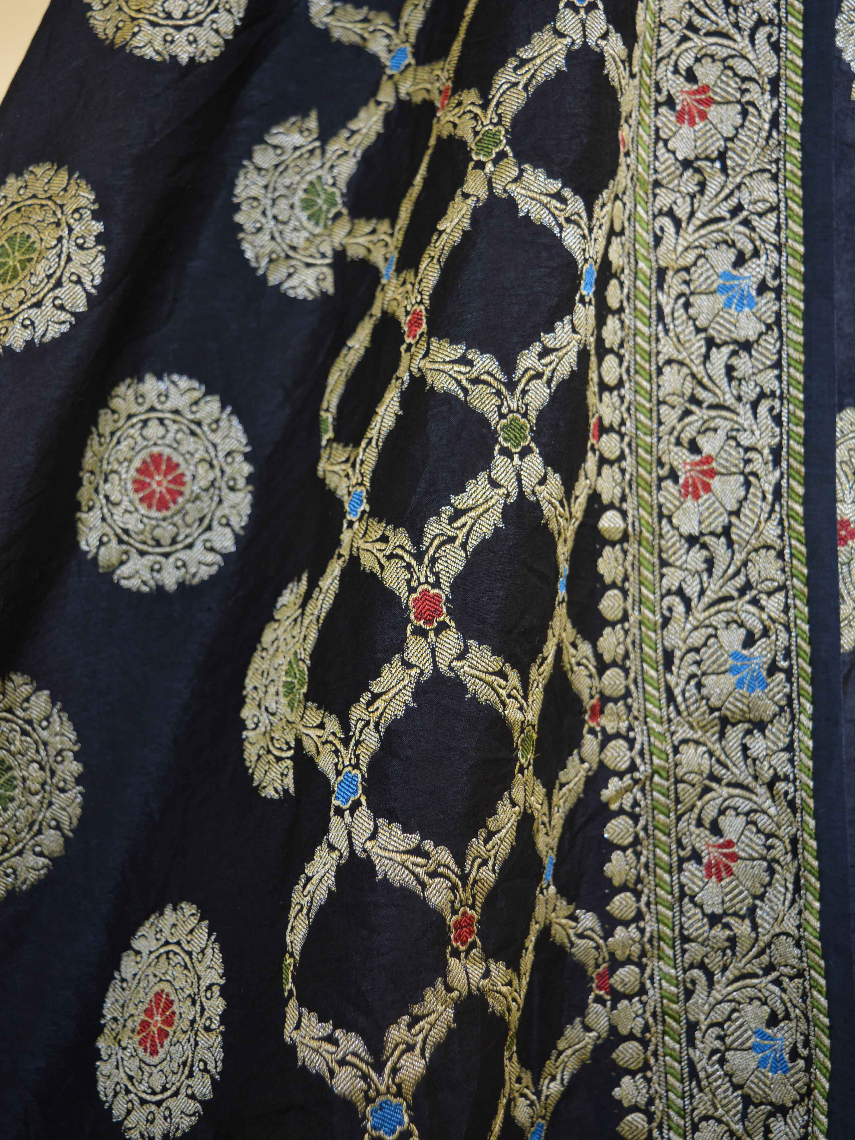 Banarasee Salwar Kameez Glossy Semi Silk Zari & Meena Buta Work Fabric-Black
