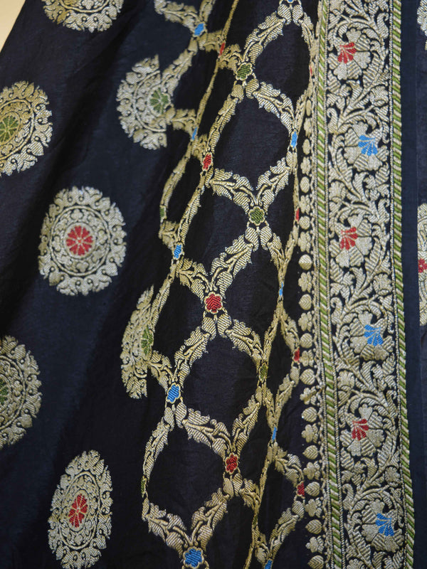 Banarasee Salwar Kameez Glossy Semi Silk Zari & Meena Buta Work Fabric-Black