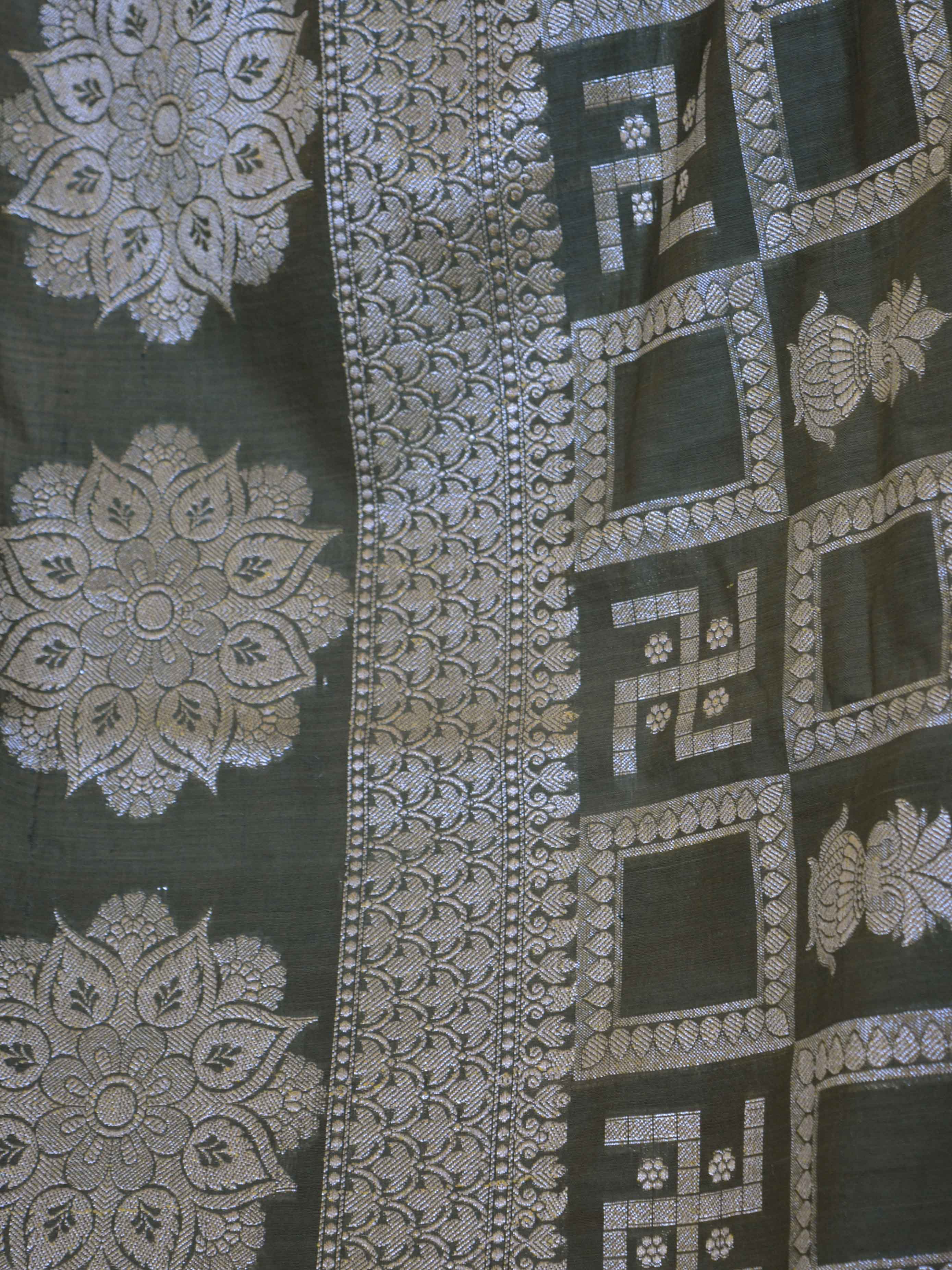 Banarasee Cotton Silk Zari Woven Swastik Design Saree-Olive Green