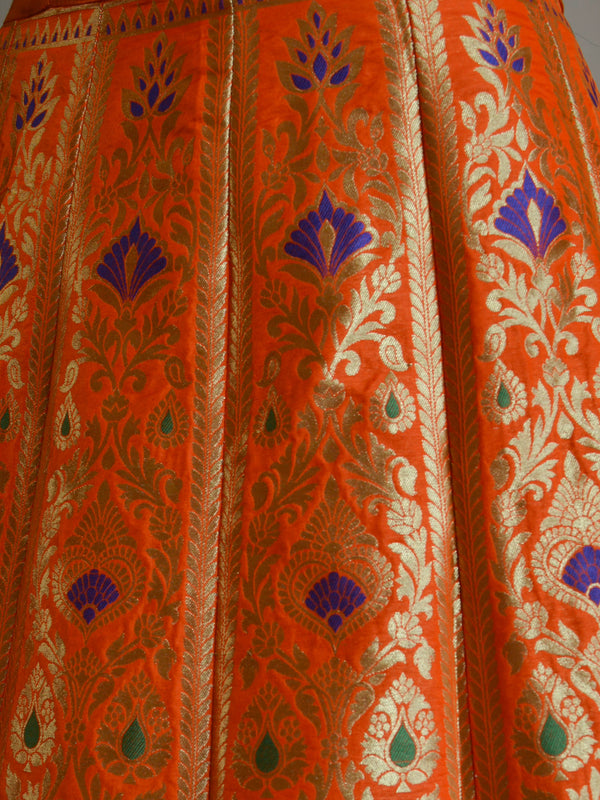 Banarasee Handwoven Art Silk Unstitched Lehenga & Blouse Fabric With Meena Design-Orange