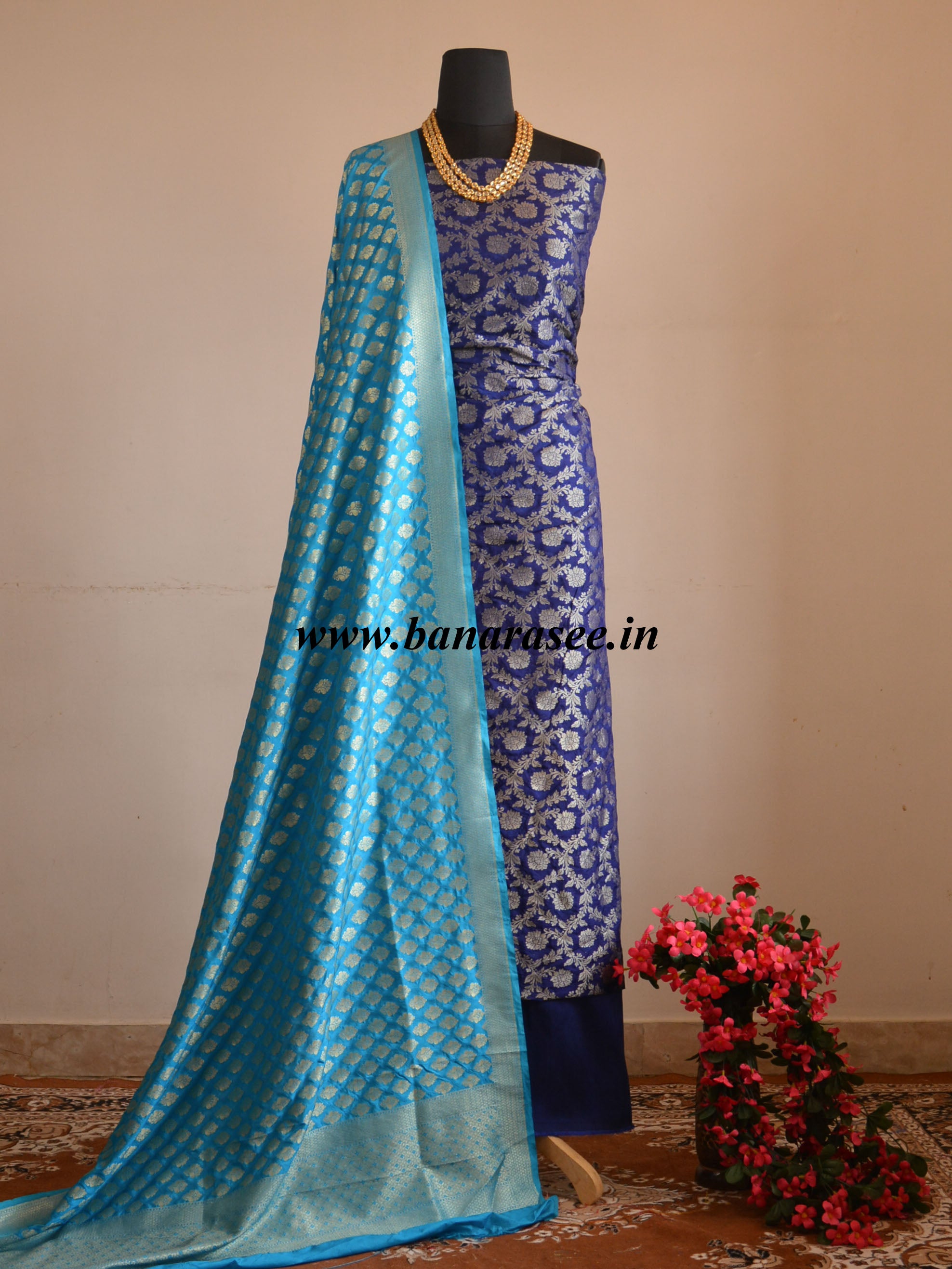Banarasee Salwar Kameez Semi Silk Zari Jaal Work Fabric & Turquoise Blue Dupatta-Deep Blue