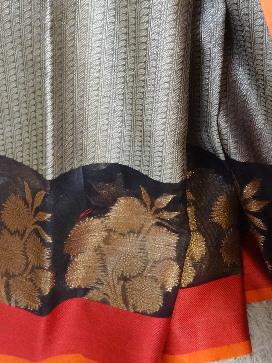 Banarasee Cotton Silk Brown Tanchoi Weave Saree With Contrast Zari & Red Border-Brown