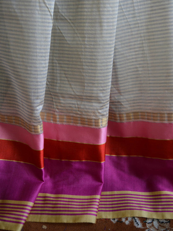 Banarasee Cotton Silk Mix Saree With Stripes Design & Pink Satin Border-Off-White