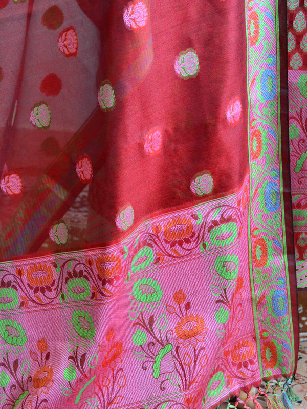 Banarasee Salwar Kameez Cotton Silk Multicolor Resham Buti Woven Fabric-Red