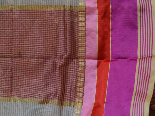 Banarasee Cotton Silk Mix Saree With Stripes Design & Pink Satin Border-Off-White