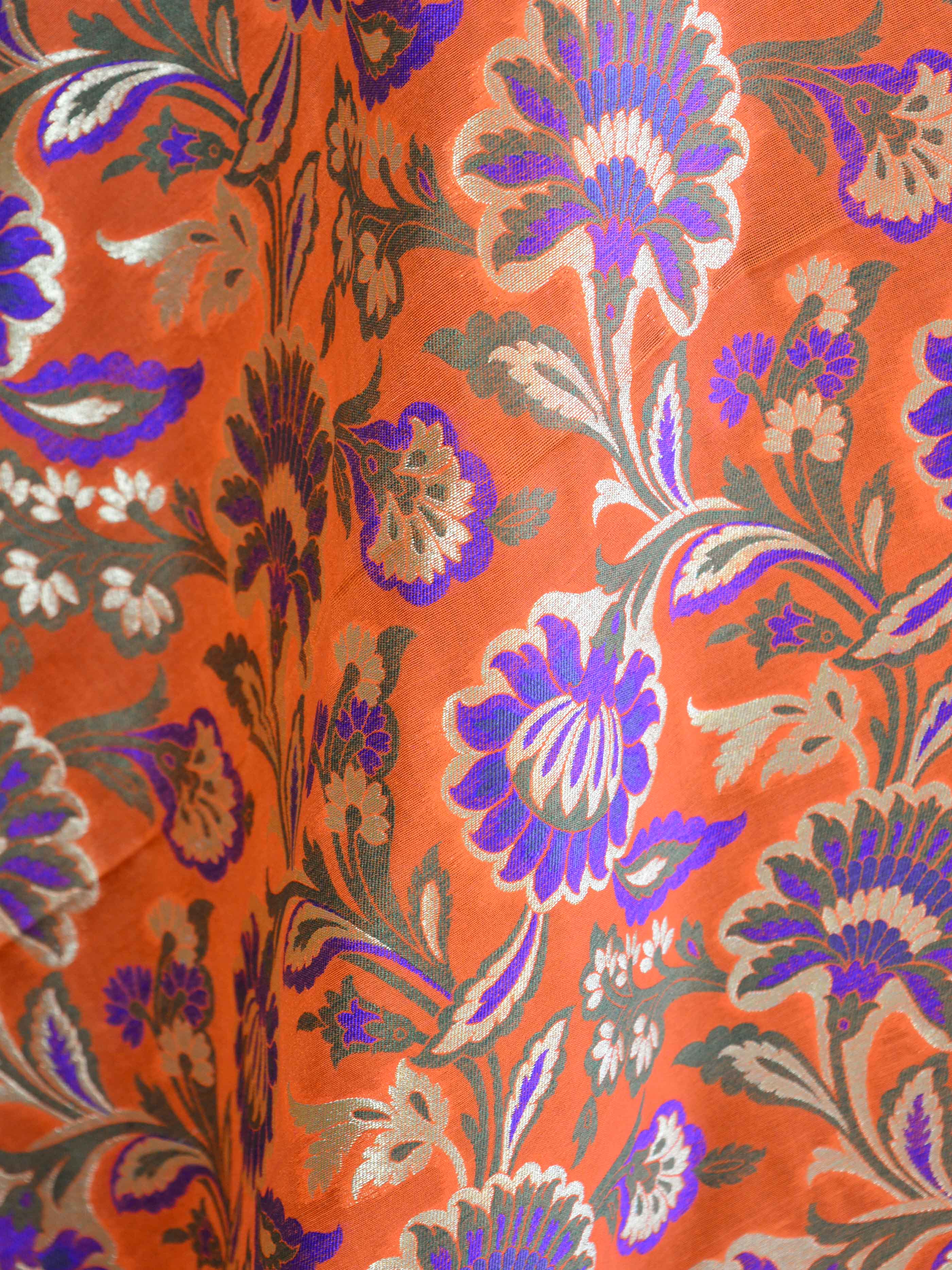 Banarasee Pure Kimkhwab Semi Katan Dupatta Floral Jaal Design-Orange