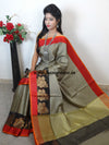 Banarasee Cotton Silk Brown Tanchoi Weave Saree With Contrast Zari & Red Border-Brown