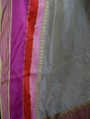 Banarasee Cotton Silk Mix Saree With Stripes Design & Pink Satin Border-Off-White