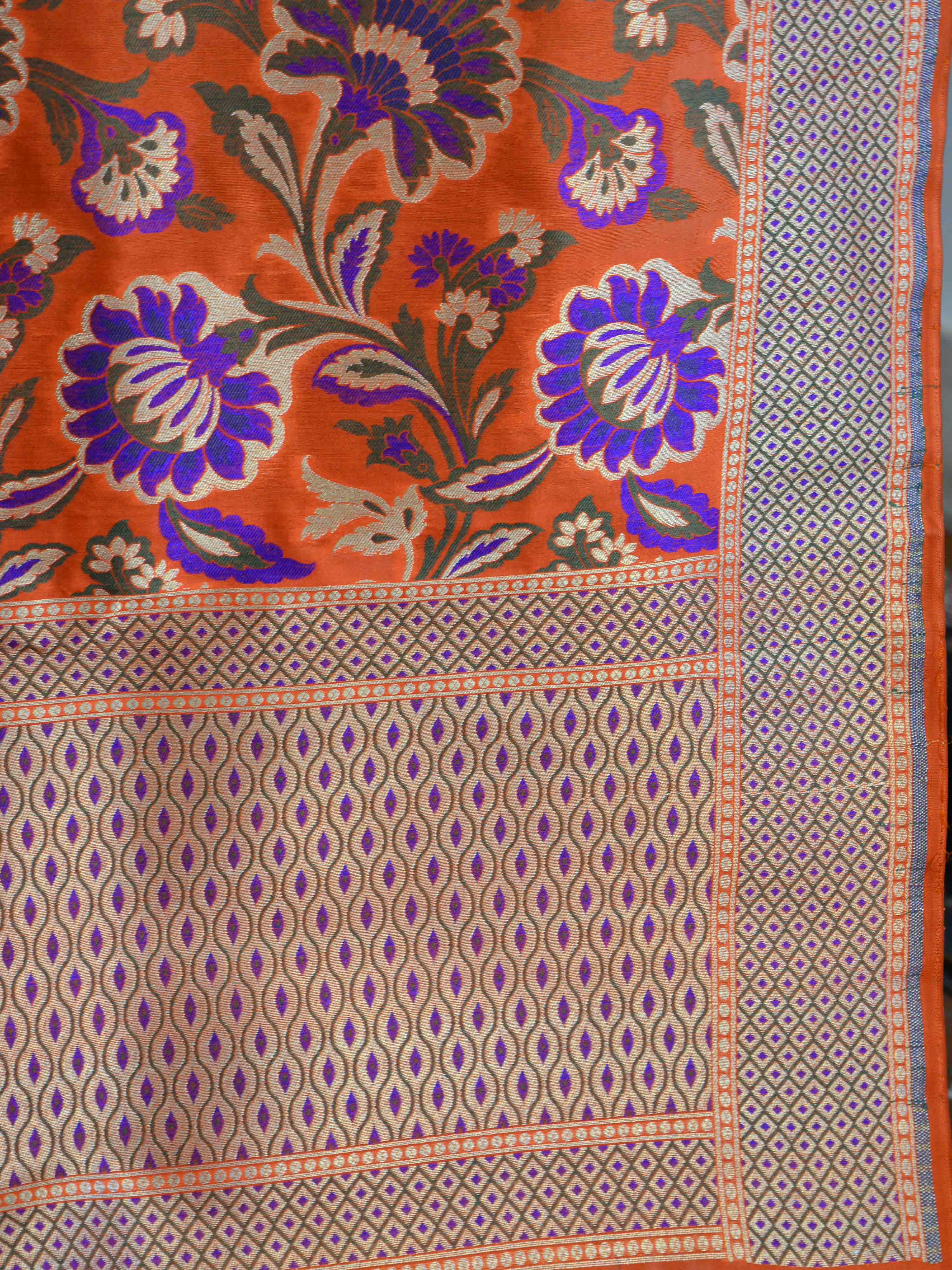 Banarasee Pure Kimkhwab Semi Katan Dupatta Floral Jaal Design-Orange