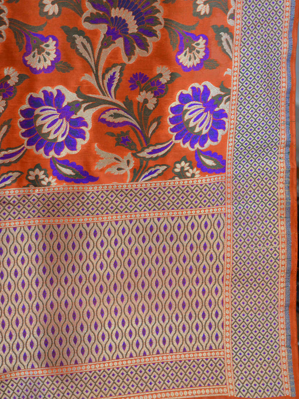 Banarasee Pure Kimkhwab Semi Katan Dupatta Floral Jaal Design-Orange