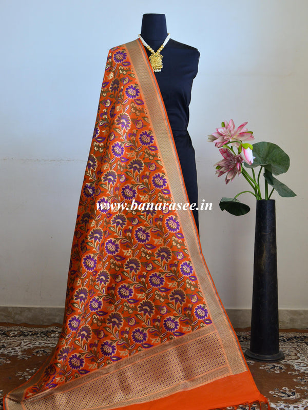 Banarasee Pure Kimkhwab Semi Katan Dupatta Floral Jaal Design-Orange