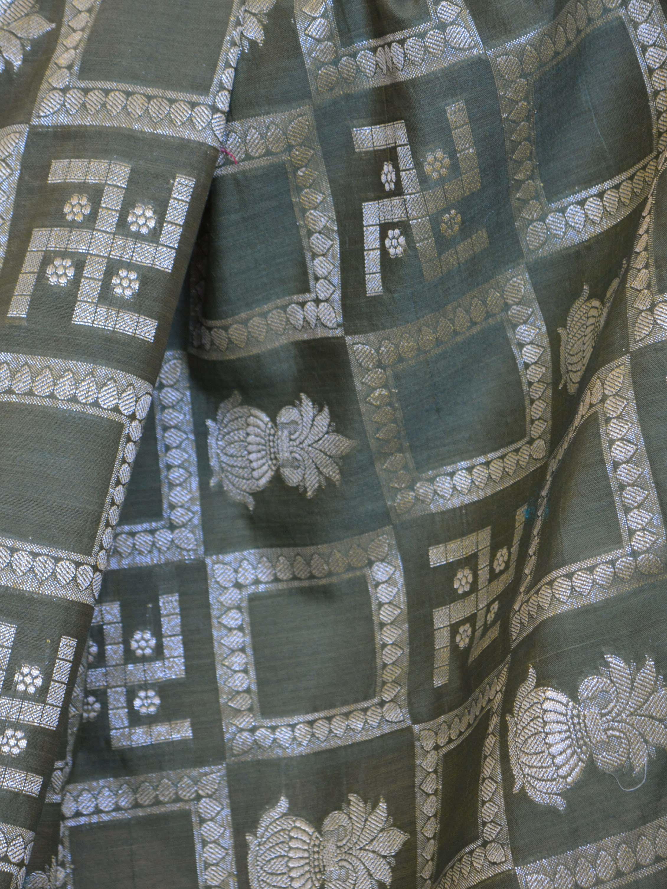 Banarasee Cotton Silk Zari Woven Swastik Design Saree-Olive Green