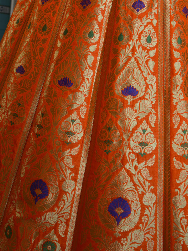 Banarasee Handwoven Art Silk Unstitched Lehenga & Blouse Fabric With Meena Design-Orange