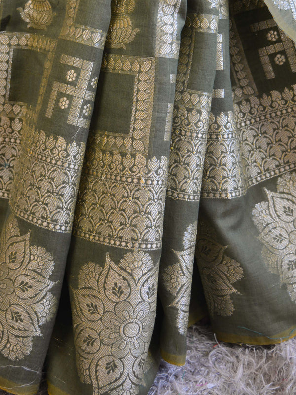Banarasee Cotton Silk Zari Woven Swastik Design Saree-Olive Green