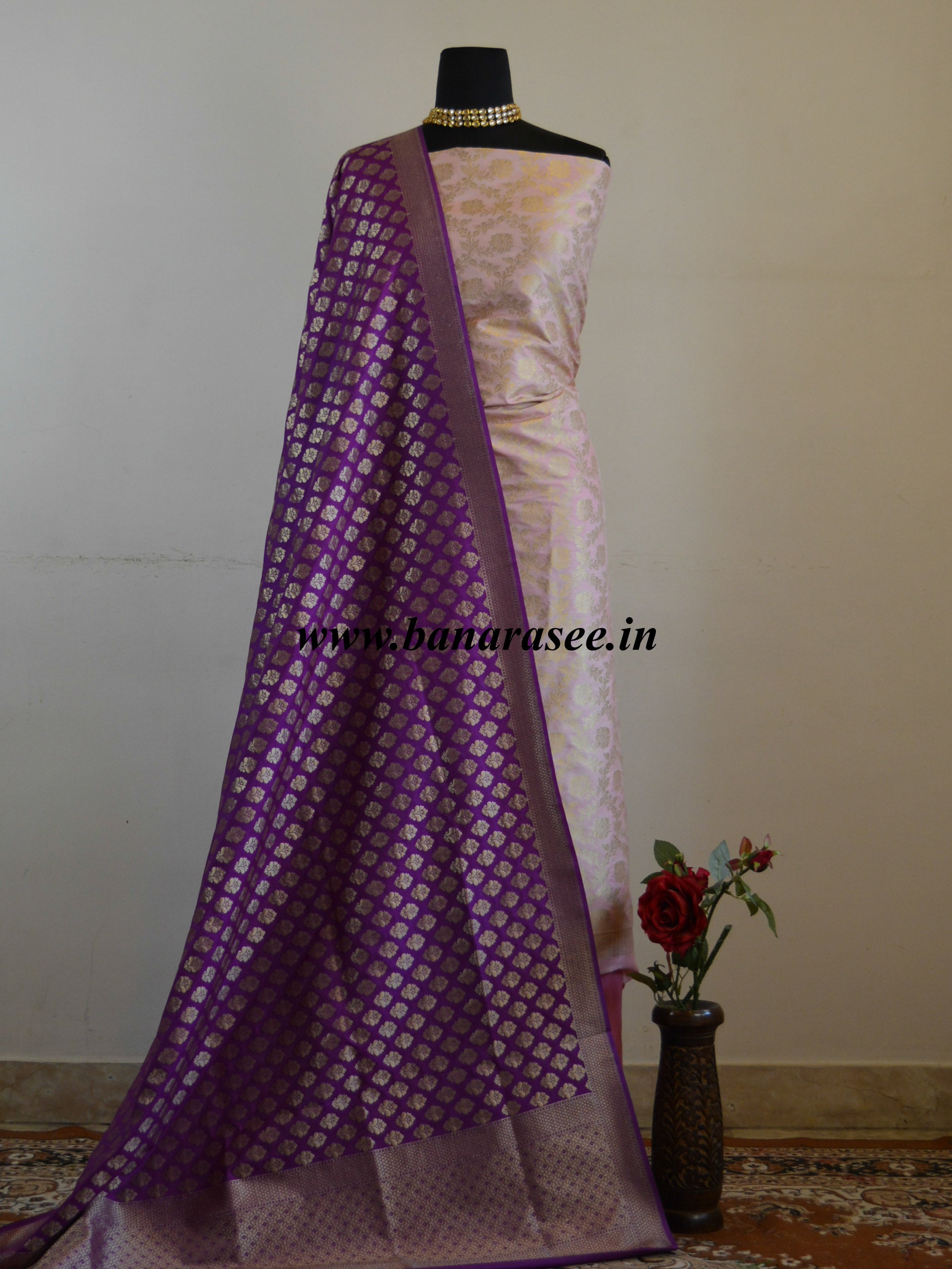 Banarasee Salwar Kameez Semi Silk Zari Jaal Work Fabric & Violet Dupatta-Pastel Pink
