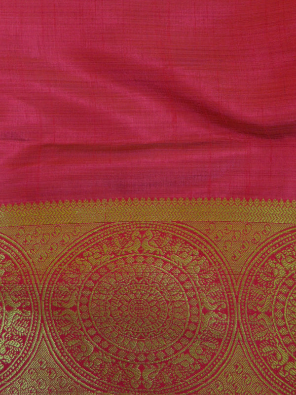 Banarasee Semi Silk Saree With Plain Body & Chakra Design On Border-Magenta & Red