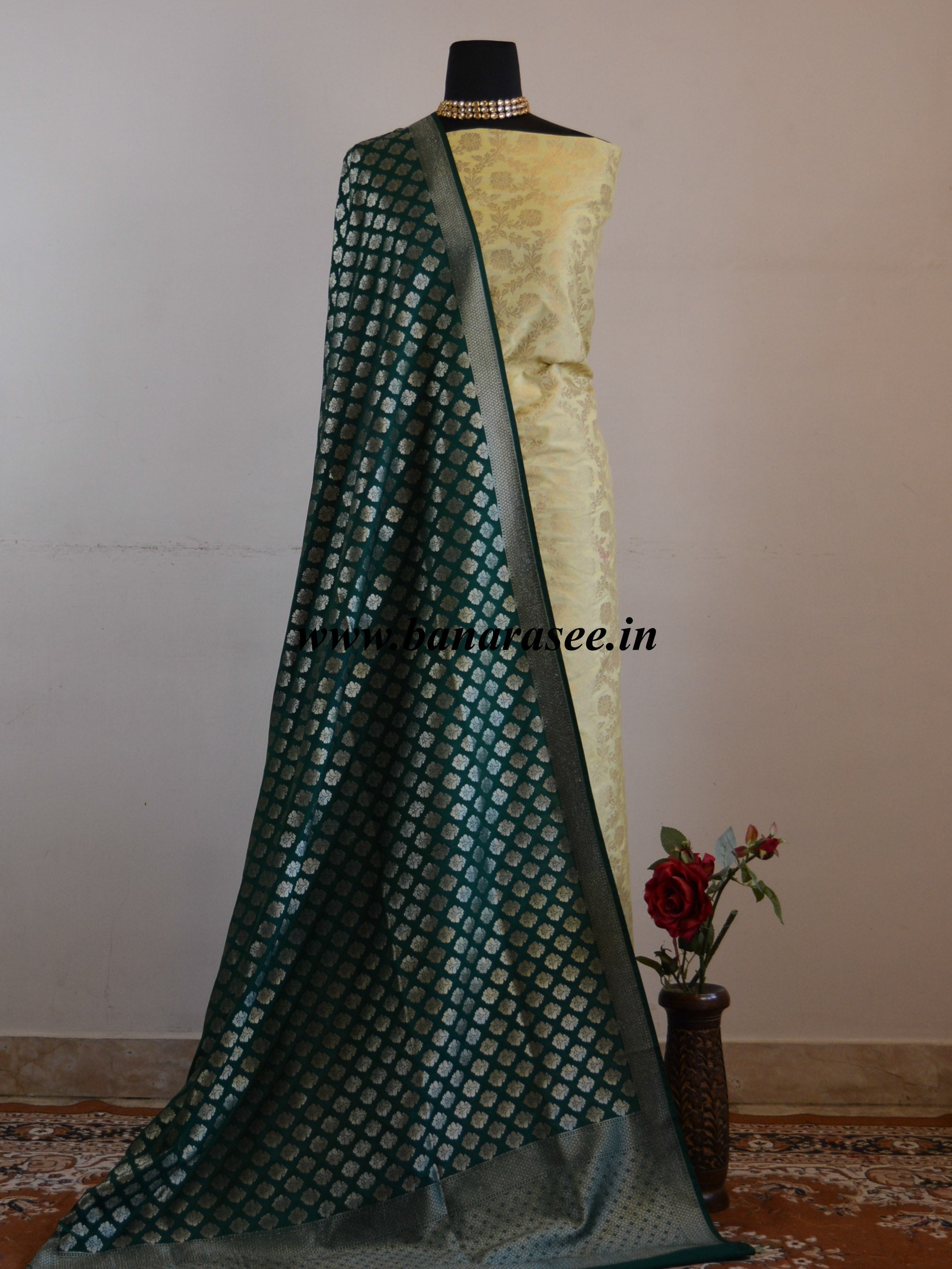 Banarasee Salwar Kameez Semi Silk Zari Jaal Work Fabric & Deep Green Dupatta-Pastel Yellow