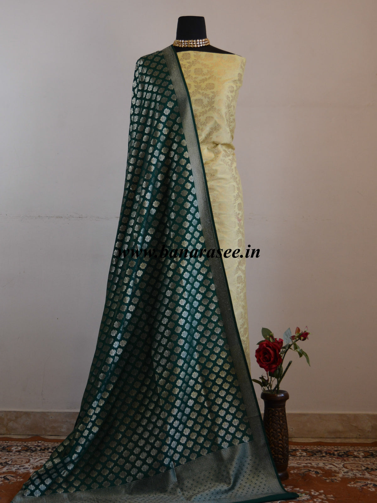 Green - Banarasi Semi Silk Zari Jaal Dupatta with Tassels 87