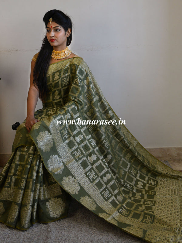 Banarasee Cotton Silk Zari Woven Swastik Design Saree-Olive Green