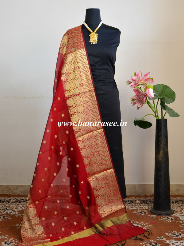 Banarasee Cotton Silk With Resham Woven Broad Border Dupatta-Red