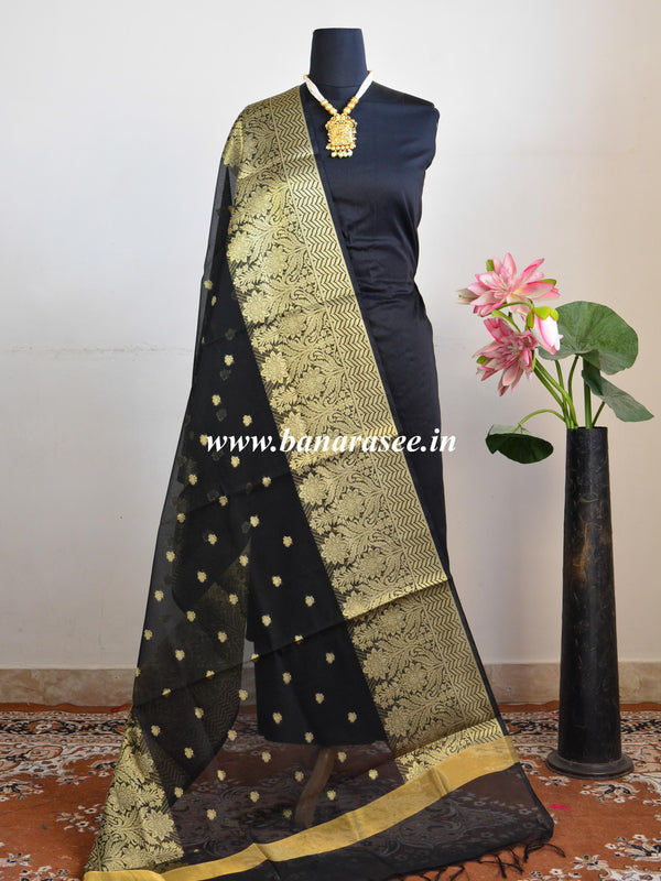 Banarasee Cotton Silk With Resham Woven Broad Border Dupatta-Black