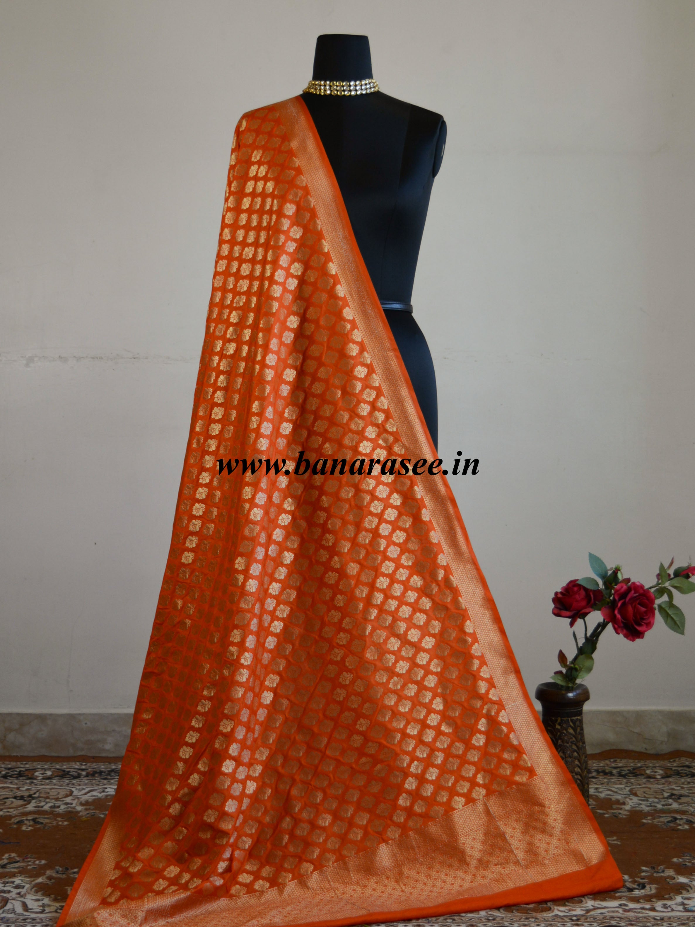 Banarasee Art Silk Buti Design-Orange