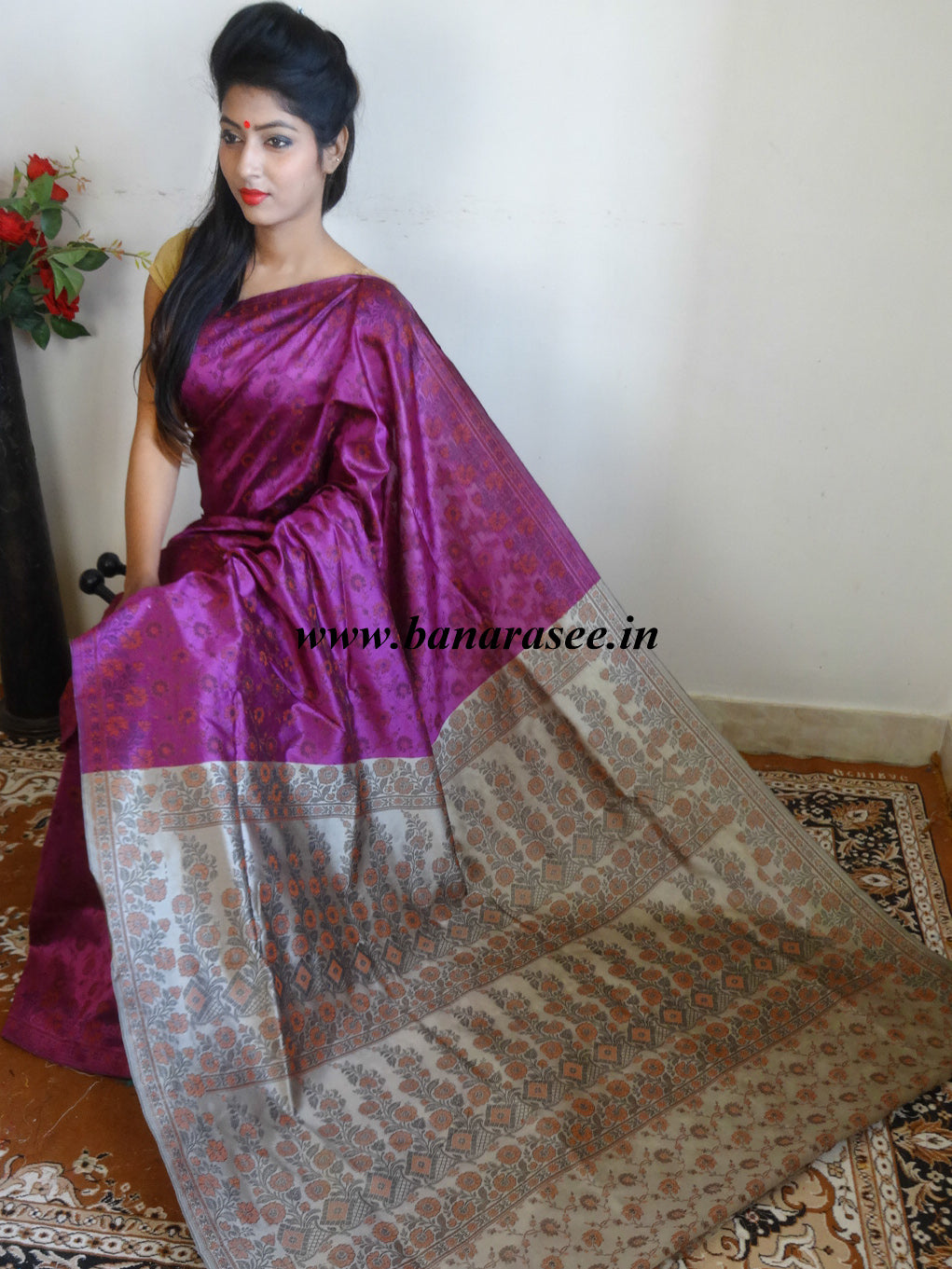 Banarasee Art Silk Saree With Floral Woven Design Contrast Beige Pallu-Magenta