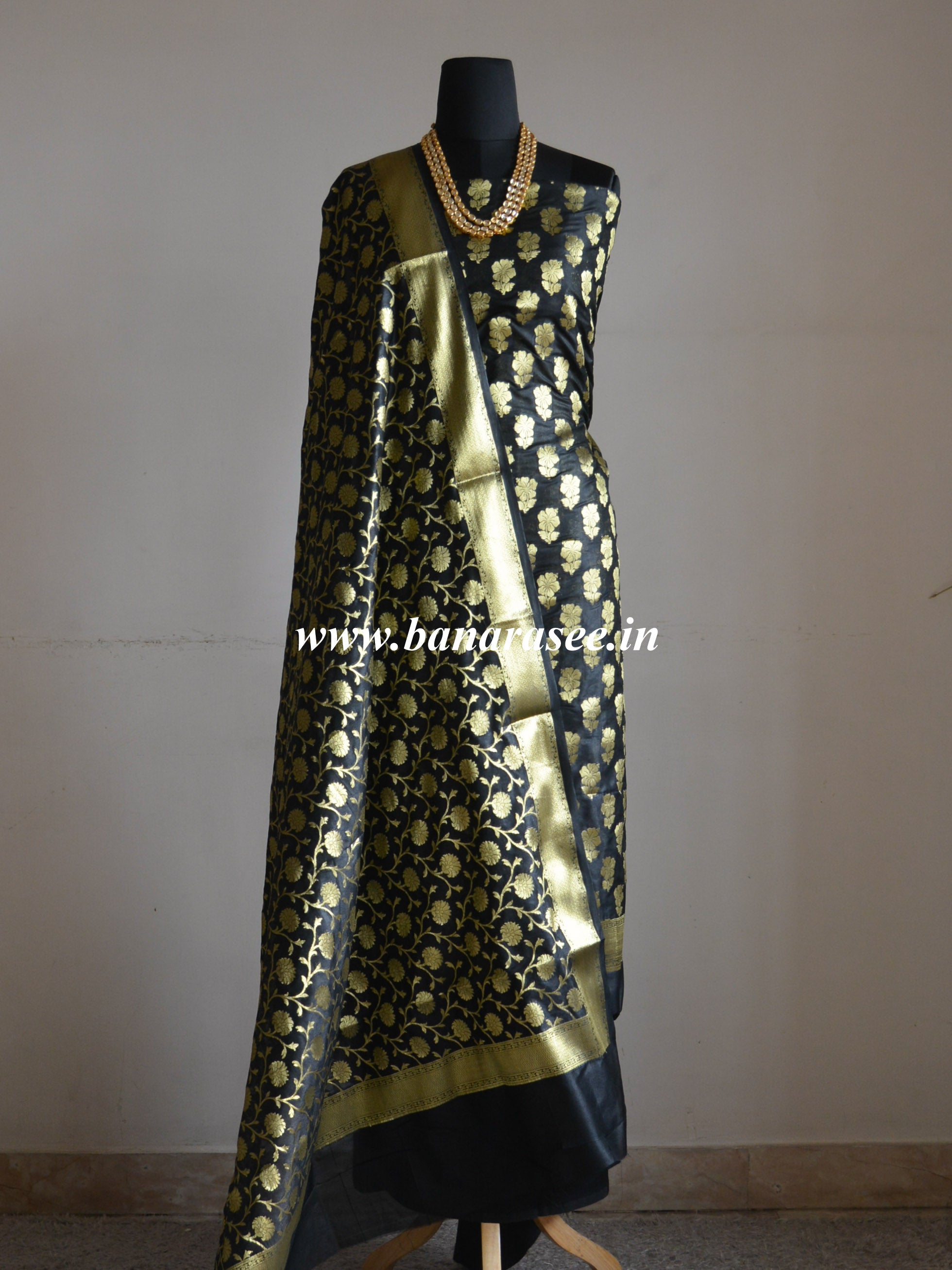 Banarasee Semi Silk Salwar Kameez Fabric With Zari Jaal Dupatta-Black