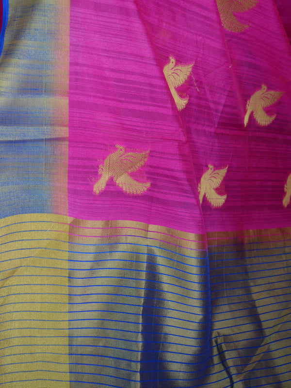 Banarasee Semi Silk Saree With Bird Motif Design-Purple & Blue