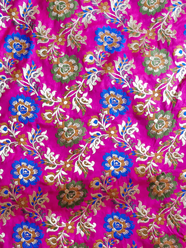 Banarasee Pure Kimkhwab Floral Jaal Semi Silk Fabric-Hot Pink