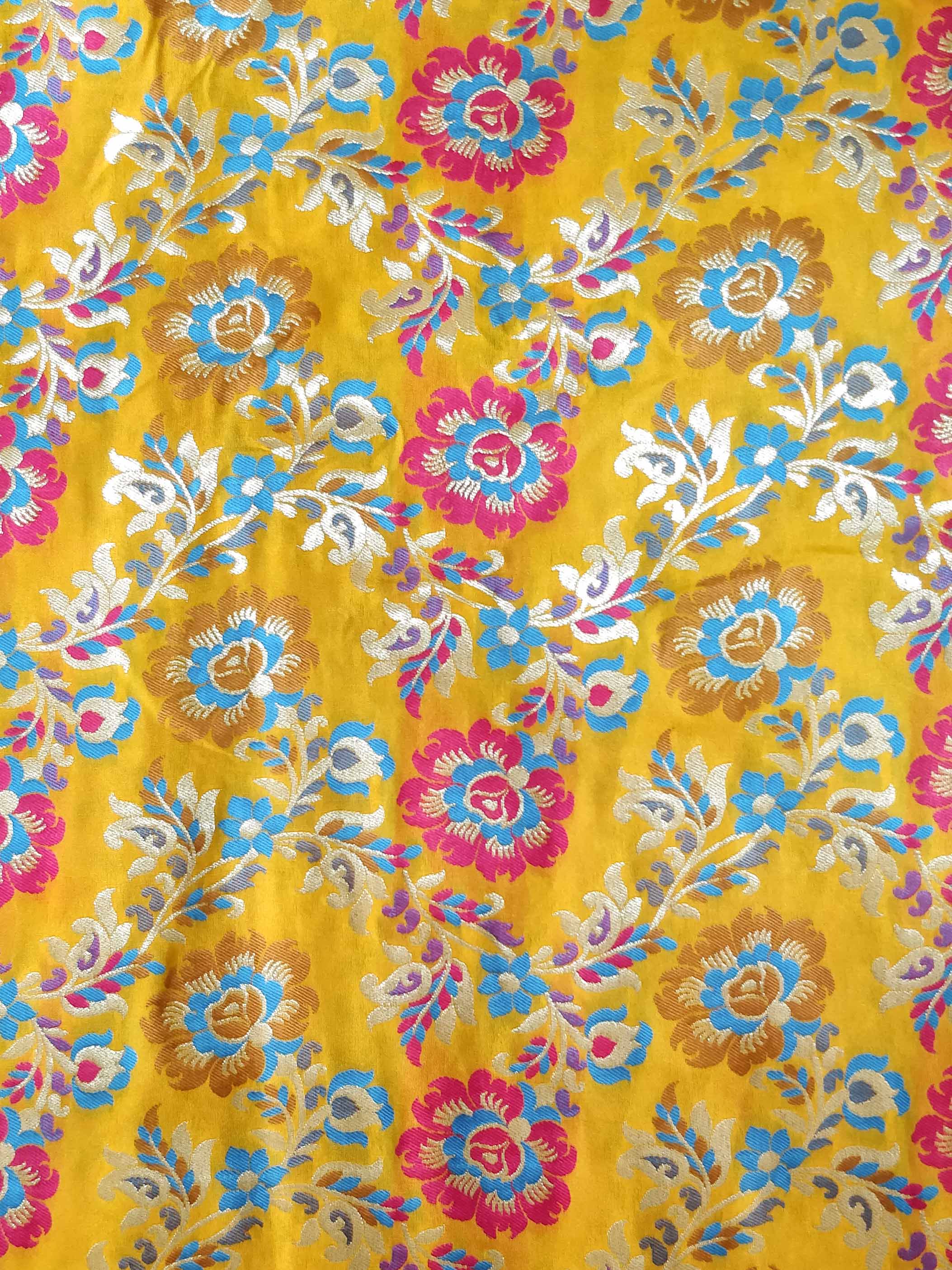 Banarasee Pure Kimkhwab Floral Jaal Semi Silk Fabric-Yellow